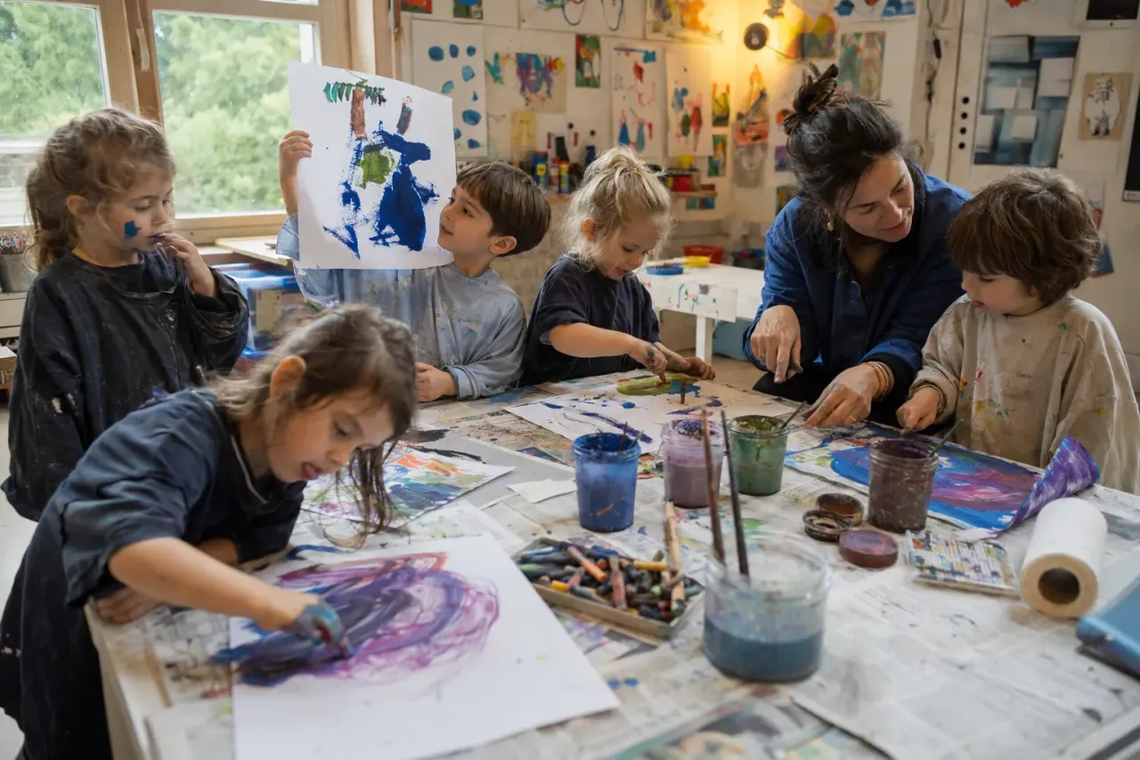 Enfants de 3 à 5 ans peignant à la gouache autour d’une table